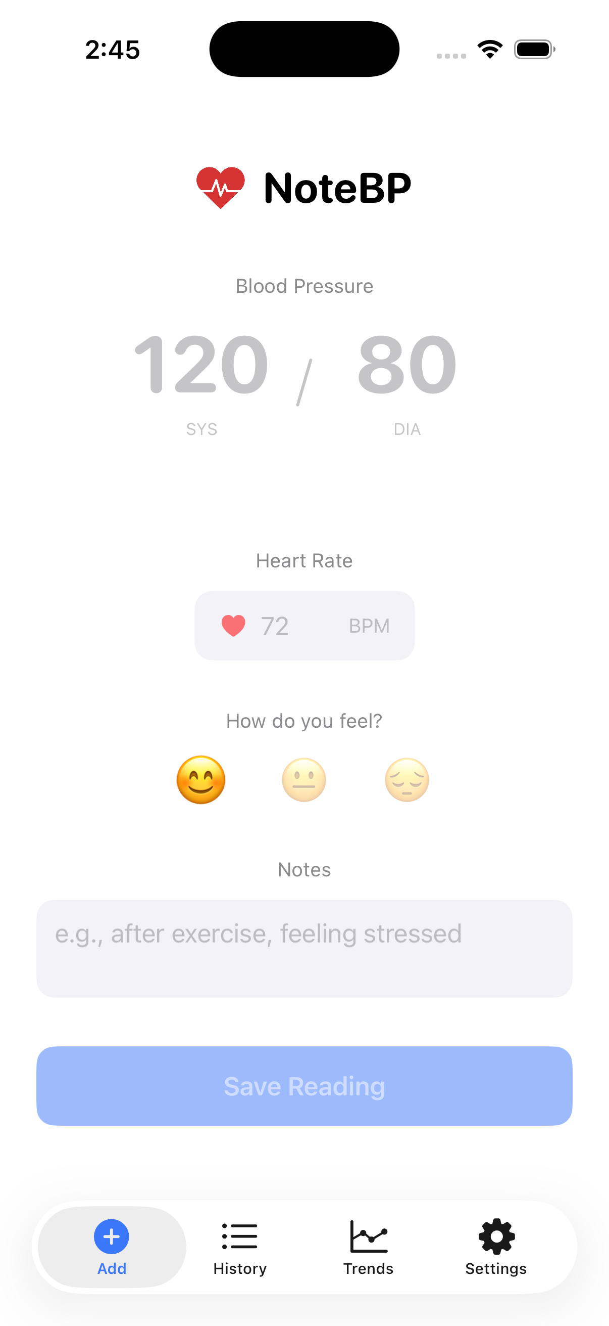 NoteBP Add Reading Screen